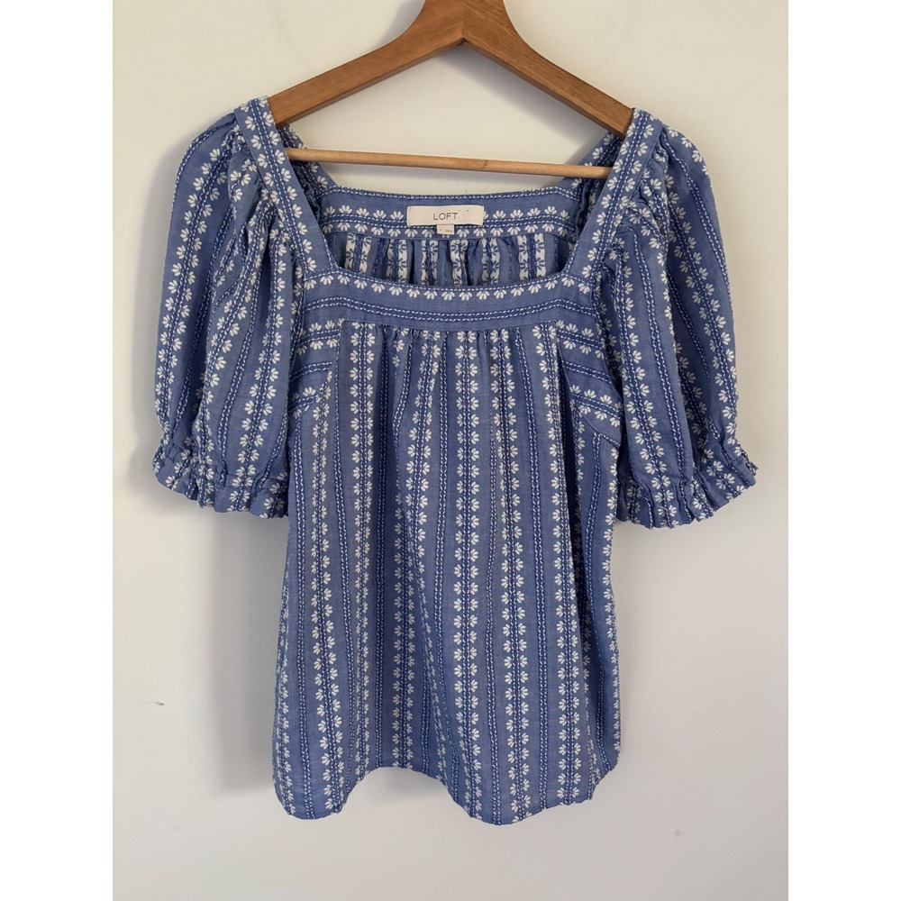 LOFT Blue White Floral Embroidered Square Neck Puff Sleeve Blouse S cotttagecore